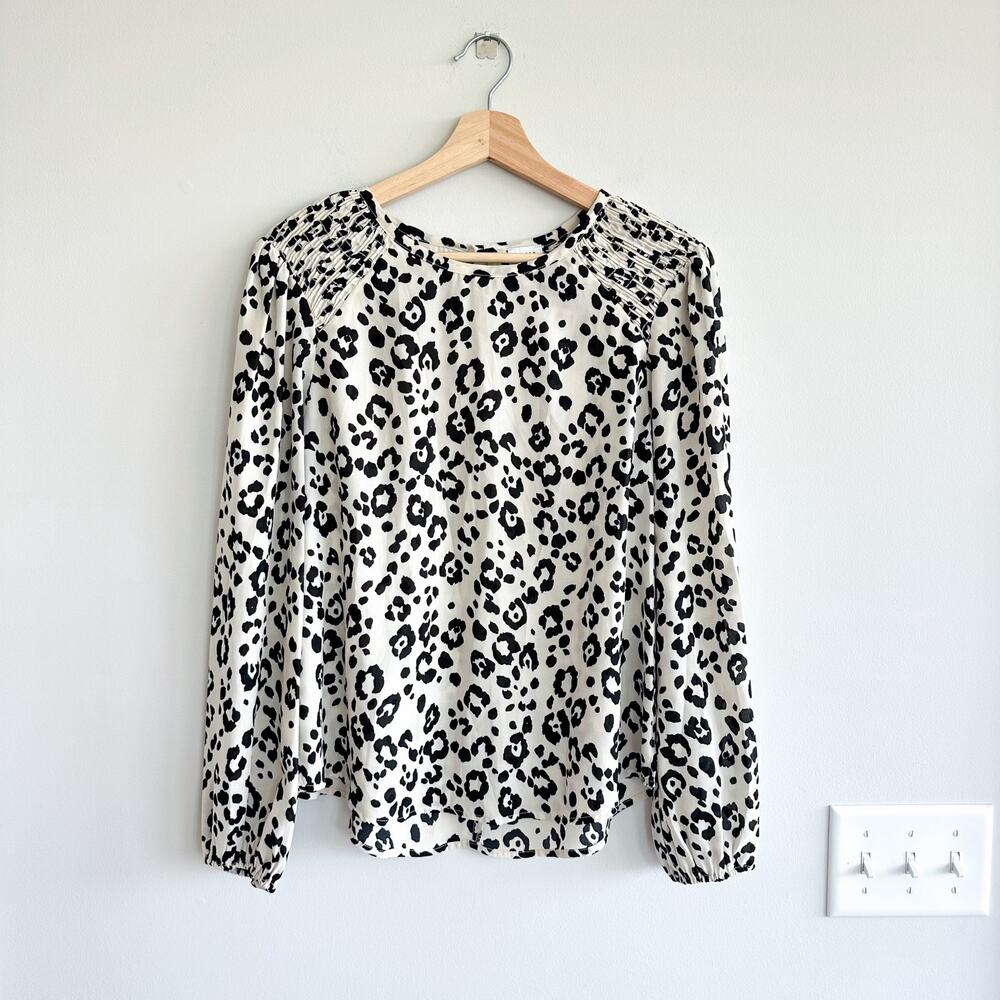 Peyton Jensen Leopard Print Smocked Shoulder Long Sleeve Blouse Cream/Black M
